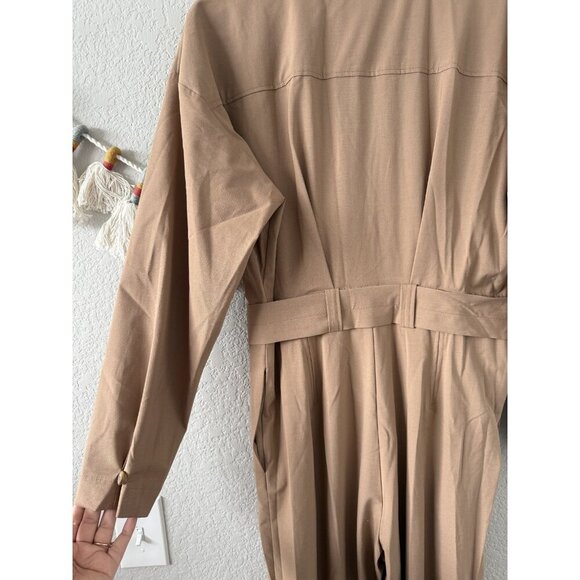 Zara Long Utility V-Neck Jumpsuit Straight Leg Belted In Camel Contemporary M - Picture 11 of 13
